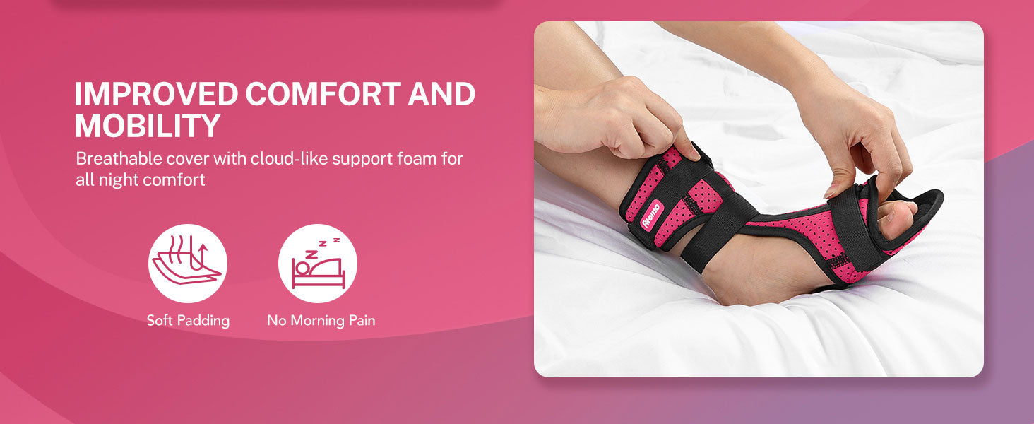 Close-up of hands adjusting a plantar fasciitis night splint with padded straps, providing improved comfort and mobility during sleep.