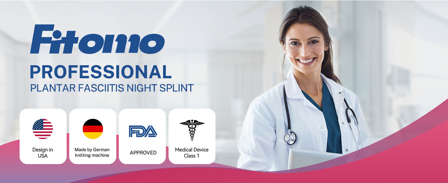Professional plantar fasciitis night splint advertised with features, including 'Designed in USA,' 'Made by German knitting machine,' 'FDA Approved,' and 'Medical Device Class 1,' alongside a smiling health professional.